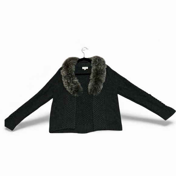 KINROSS CASHMERE Fur Trim Collar Knit Long Sleeve Cardigan Sweater - Picture 2 of 6